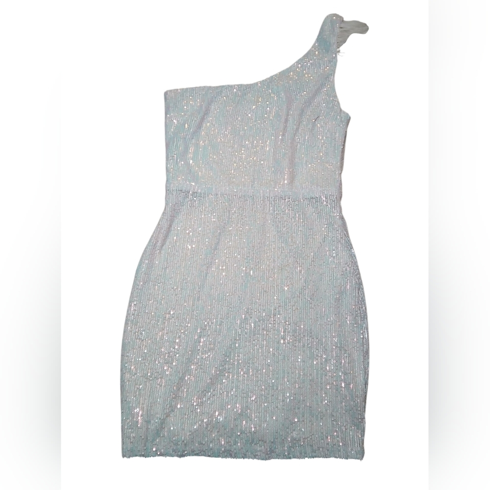 White Sequined One Shoulder Feather Detail Dress Size Large